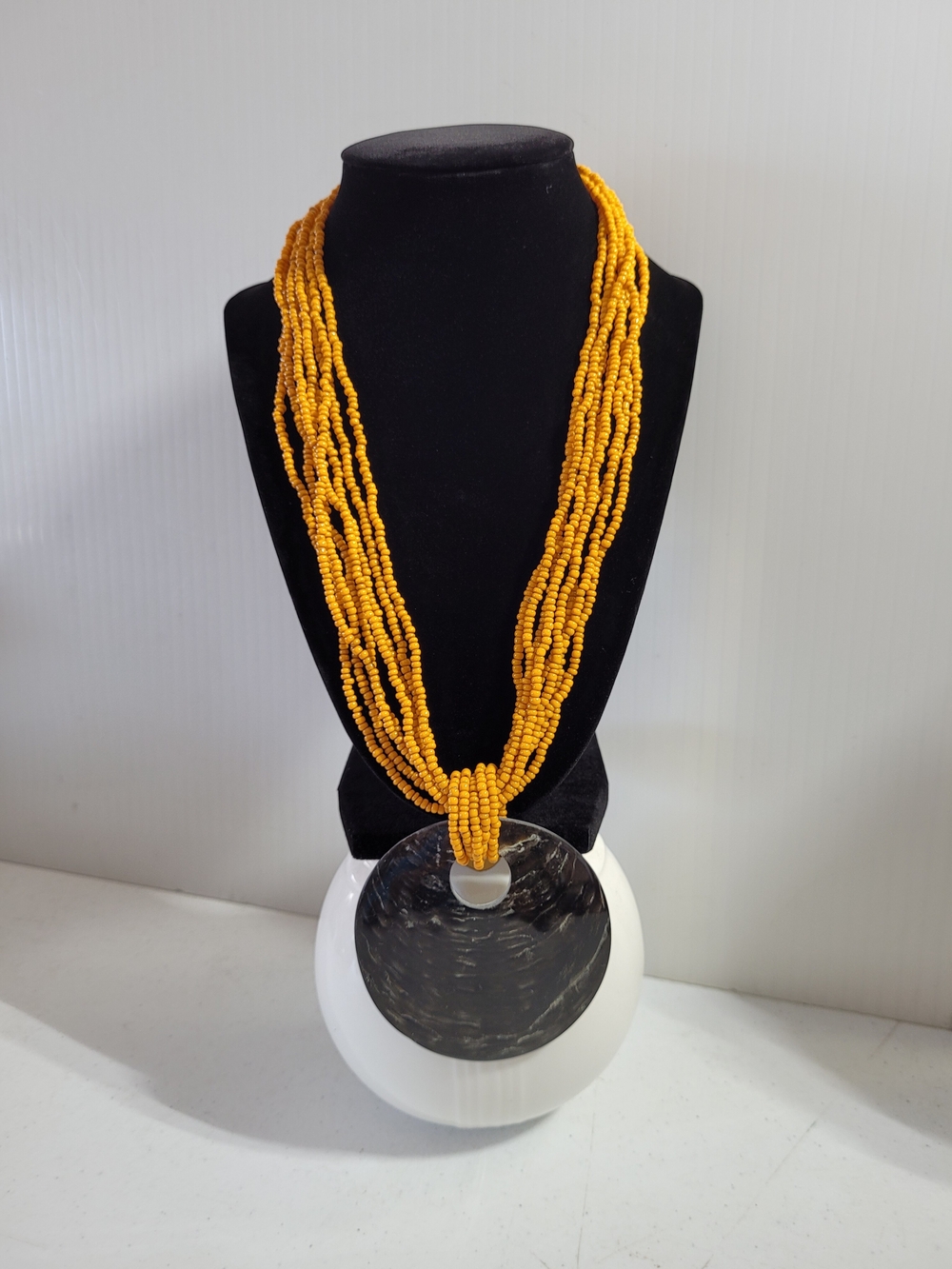Vintage Boho Orange Multi-Strand Seed Bead & Black Shell Statement Necklace